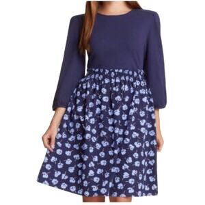 Draper James Long Sleeve Knit Woven Dress Blue Poppy Womens S Art Deco Summer